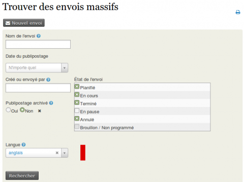 Recherche d'envoi avec filtre de langue