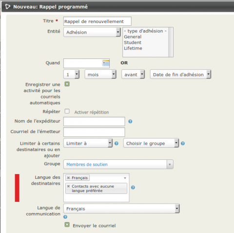 Rappel de message avec filtre des destinataires par langue de préférence